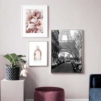 Parīzes Tornis Ziedu Modes Smaržas Melna Balta Sienas Mākslas Audekls Gleznošanai Ziemeļvalstu Plakāti Un Izdrukas Sienas, Attēlus Dzīvojamā Istaba