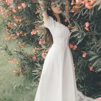 Pasaku Kleita Sievietēm Balto Franču Puff Piedurknēm Šifona Kleita Korejas Japāna Stilā Salds Vintage Vasaras Kleita 2021