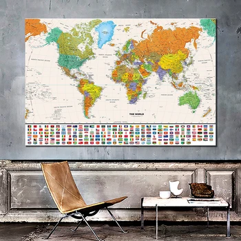 Pasaules Fizisku Karte ar Valsts Karogu, Izglītības un Kultūras neaustu Spray Pasaules Kartē 150x100cm Sienas Uzlīmes Apdare