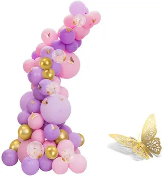 Pastelis Rozā un Lillā Baloni Vainags Arku Komplekts ar zelta tauriņu uzlīmes Meitenēm Dzimšanas dienas svinības jaungada Diena Apdare