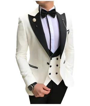 Pasūtījuma Vīriešu Uzvalki, Baltā un Melnā Līgavainis Tuxedos Maksimālā Atloks Groomsmen Kāzu Līgavainis ( Jaka+Bikses+Veste+Kaklasaite ) D133