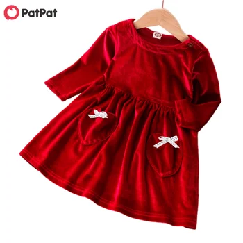PatPat ir 2021. Jauno Pavasara un Rudens Bērnu / Toddler Bowknot Sarkanā Samta Ilgtermiņa piedurknēm Kleita Bērnu Apģērbs