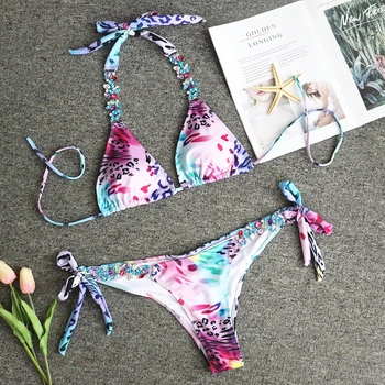 Pavada Peldkostīmi 2019 Rhinestone Dimanta Drukāt Fiowers Sievietes Bikini Peldkostīmu Seksīgā Crystal Push Up Peldkostīmi Sieviešu Peldkostīmu