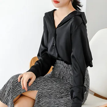 Pavasara blūzes sievietēm ir 2021. biroja black top Ciets V-veida Kakla vintage korejas modes apģērbu dāmas topi Pogu Šifona kreklu 7977 50