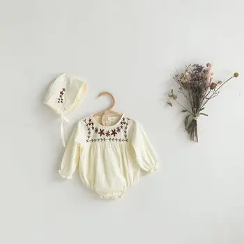 Pavasara Jaundzimušo Bērnu Kokvilnas Meitene Bodysuit Princese Bērnu Drēbes Ar Garām Piedurknēm Izšūti Jumpsuit Bērnu Bodysuits Ar Cepuri 2021