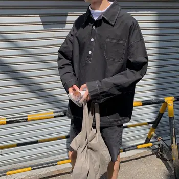 Pavasara korejas Pulovers Krekls Vīriešu Modes vienkrāsainu Retro Kokvilnas Ikdienas Krekls Vīriešiem Streetwear Brīvs Krekls ar garām Piedurknēm Mens