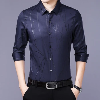 Pavasara Krekls ar garām Piedurknēm Vīriešiem Svītrainām Nekustamo Zīda Krekls korejas Black Vīriešu Krekli Casual Slim Fit 