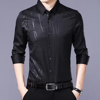 Pavasara Krekls ar garām Piedurknēm Vīriešiem Svītrainām Nekustamo Zīda Krekls korejas Black Vīriešu Krekli Casual Slim Fit 