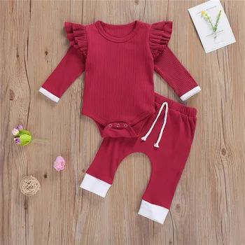 Pavasara Rudens Bērnu, Zēnu, Meiteņu Apģērbu Komplekti Toddler Jaundzimušā Bērna Baby Rievoti Adītas Ruffles Romper Topi+Bikses Gadījuma Tērpiem