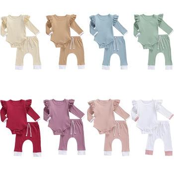 Pavasara Rudens Bērnu, Zēnu, Meiteņu Apģērbu Komplekti Toddler Jaundzimušā Bērna Baby Rievoti Adītas Ruffles Romper Topi+Bikses Gadījuma Tērpiem