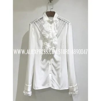 Pavasara rudens elegants retro krekls Kārtojumu mežģīņu apdari uz mikro-caur balto mazs stand-up apkakle ar garām piedurknēm zīda krekls