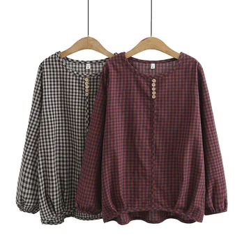 Pavasara/Rudens Lielajam Sieviešu Krekls Ir 2021. Modes Ikdienas Apģērbs Brīvs Garām Piedurknēm Topi Pusmūža Vintage Pleds Blūzes
