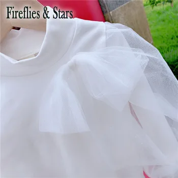 Pavasara Rudens meiteņu T kreklu Bērnu tee bērniem topi Bērnu modes apģērbu balto loku, cilpu acs puff piedurknēm plāksteris no 4 līdz 14 gadiem