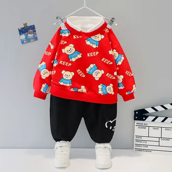 Pavasara Toddler Zēnu Apģērbu Zīmols Bērniem, Multiplikācijas Filmu Lācis Pelēkā Vārna+Bikses Divas Gabals Jaundzimušais Zēns Kopa Ar Garām Piedurknēm Ikdienas Džemperis Bērnu Uzvalks