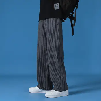 Pavasara Vasaras Kokvilnas Plaša kāju Bikses Vīriešu Modes Retro Svītrainām Gadījuma Bikses Vīriešu Streetwear korejiešu Hip-hop Taisni Vīriešu Bikses