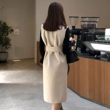 Pavasara Vilnas Kleita Sievietēm Eleganto Bēša Bez Piedurknēm Korejas Modes Mežģīnes Up V Kakla Vilnas Šiks Gadījuma Vintage Kleitas, Pavasara 2020