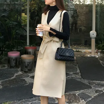 Pavasara Vilnas Kleita Sievietēm Eleganto Bēša Bez Piedurknēm Korejas Modes Mežģīnes Up V Kakla Vilnas Šiks Gadījuma Vintage Kleitas, Pavasara 2020
