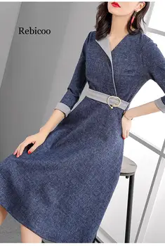 Pavasarī Jaunā Sieviešu Modes Džinsa Kleita Sievietēm Trīs Ceturtdaļu Piedurknēm Midi Kleitas OLA Darbu Valkā-line Kleita Tumši Zilā krāsā