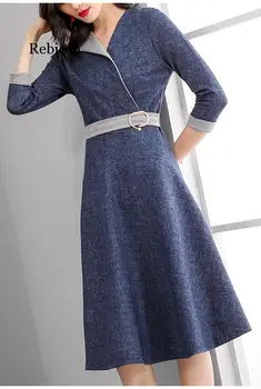Pavasarī Jaunā Sieviešu Modes Džinsa Kleita Sievietēm Trīs Ceturtdaļu Piedurknēm Midi Kleitas OLA Darbu Valkā-line Kleita Tumši Zilā krāsā