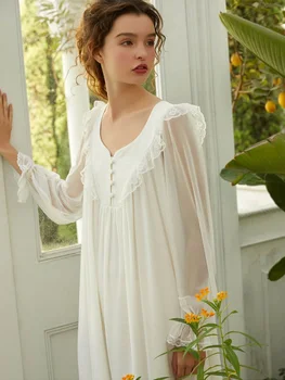 Pavasarī, Vasarā Vintage Sieviešu Kokvilnas Ilgi Sleepwear Royal Princess Luxury Marli Balta Mežģīņu Ilgi, Elegantus Nightgowns Naktsveļu