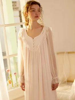 Pavasarī, Vasarā Vintage Sieviešu Kokvilnas Ilgi Sleepwear Royal Princess Luxury Marli Balta Mežģīņu Ilgi, Elegantus Nightgowns Naktsveļu