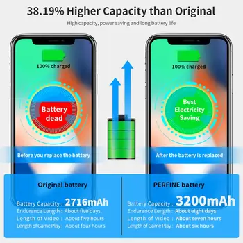 Perfine Akumulators iPhone X Akumulatora 3200mAh lielas Jaudas Rezerves Li-Polymer Bateria ar Bezmaksas Remonta Rīku Komplekts