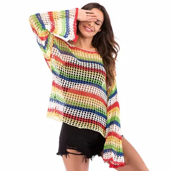 PGSD Zaudēt Izlīdzināšanu Piedurknēm krāsu Tamborētas dobi blūze plānas trikotāžas džemperis O-veida Kakla Džemperis Modes Svītrainām sieviešu drēbes, sieviešu
