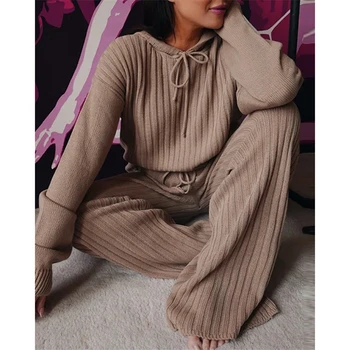 Pidžamas Sieviešu Rudens Adīšanas 2GAB Sleepwear Long Sleeve Kapuci Topi Pidžamas ar garām Piedurknēm Komplekti Ikdienas Atpūtas telpa Veļas Homewear