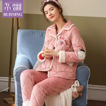 Pidžamas sieviešu rudens un ziemas Plīša sabiezējums trīs kārtu jaka silta, salda koraļļu Plīša flaneļa mājas apģērbu komplekts