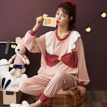 Pidžamas Sieviešu Rudens un Ziemas Tīras Kokvilnas garām piedurknēm Studentu korejiešu Versija Gudrs Ins Sieviešu Plus Lieluma Mājas Pakalpojumu Uzvalks