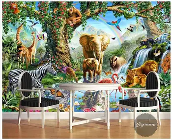 Pielāgotus foto tapetes, 3d sienu gleznojumi tapetes, Karikatūra Liels zilonis, zebra, lauva upes dzīvnieku pasaule bērniem apgleznošana sienu dekors