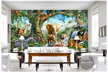 Pielāgotus foto tapetes, 3d sienu gleznojumi tapetes, Karikatūra Liels zilonis, zebra, lauva upes dzīvnieku pasaule bērniem apgleznošana sienu dekors