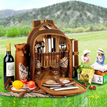 Piknika soma Portatīvo tūrisma mugursoma ar galda piederumiem ledusskapis soma cubiertos piknika komplekts 4 Kempings dzesētāja somas ar segu