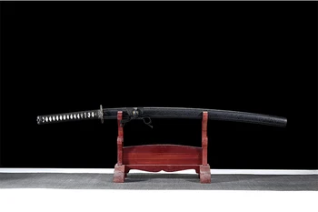 Pilna tang Katana japāņu samuraju zobenu Handforged tērauda asmens roku darbs asas malas melnā krāsā gaišas koka apvalku