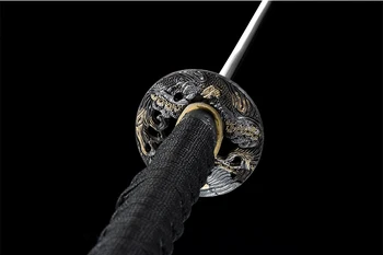 Pilna tang Katana japāņu samuraju zobenu Handforged tērauda asmens roku darbs asas malas melnā krāsā gaišas koka apvalku