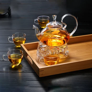 Pilnīga Borsilikāta Stikla Tējkanna Uzstādīt Stikla Tējkannu Kausa Bambusa Tējas Paplātes, Tējas Komplekts Tējas Katlā Siltāks karstumizturīga Stikla Giftset