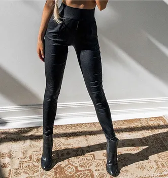 Pilnīgi Jauna Sieviešu Modes Apģērbu PU Bikses Skinny Mākslīgās Ādas Stiept Augstās Jostasvietas Bikses Melnas Bikses Jaunas Modes Stils