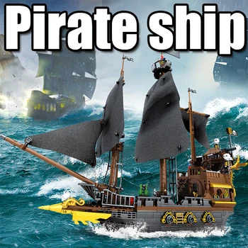 Pilsētas Pirāti no Karību jūras Pirātu Kuģis Celtniecības Bloki Radītājs Tehnika Melnā Pērle Laivu Salas Piestātnē, Ķieģeļu Rotaļlietas Bērniem