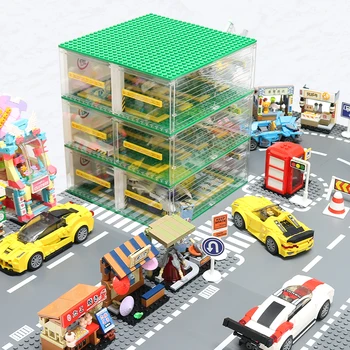 Pilsētas Stree View DIY Autostāvvieta Modelis Tehnika Sacīkšu Auto Celtniecības Bloki Radītājs Plātne Lodziņā Garāžas Bloki, Dāvanas, Rotaļlietas Bērniem