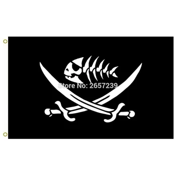 Pirātu Zivju Karogu Ar Zobeniem 3x5FT Banner 100D 150X90CM Poliestera Misiņa Grommets Custom66,
