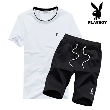 Playboy Vīriešu Slim Modes Elpojošs, Augstas Kvalitātes Šorti noteikts Vasaras Kokvilnas T-Krekls Drēbes Mežģīņu Šorti Komplekts