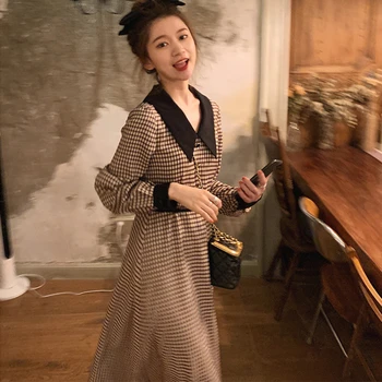 Pleds Elegants Plus Lieluma Kleita Rudens Sievietes Ar Garām Piedurknēm, Augsta Vidukļa Vintage Kleitas Korejiešu Stilā, Viens Gabals Modes Dāma Apģērbi