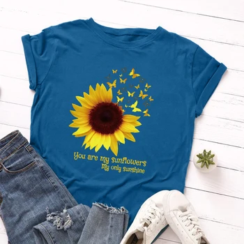 Plus Izmērs S-5XL Sieviešu Saulespuķu Drukāt Kokvilnas Pamata T-krekls Estētisko Harajuku Ziedu Galotnēm Vasarā Liela Izmēra Tauriņš Tee krekls