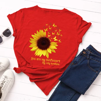 Plus Izmērs S-5XL Sieviešu Saulespuķu Drukāt Kokvilnas Pamata T-krekls Estētisko Harajuku Ziedu Galotnēm Vasarā Liela Izmēra Tauriņš Tee krekls