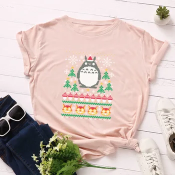Plus Izmērs S-5XL Sieviešu T-krekls Ziemassvētku Modes Kokvilnas Top Sniega Druka T Kreklu Sieviešu O-veida Kakla Īsām Piedurknēm Tees Harajuku