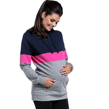 Plus Lieluma Grūtniecības Aprūpes garām Piedurknēm Maternitātes Drēbes Kapuci bērnu ar Krūti, Topi Raibs T-krekls Grūtniecēm