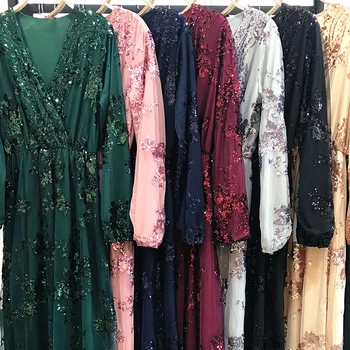 Plus Lieluma Musulmaņu Modes Mežģīnes Sequin Abaya Dubaija Kleita Sievietēm Turcija Drēbes, Vakarā, Maxi Kleitas Islāmu Apģērbu Vestidos Largos