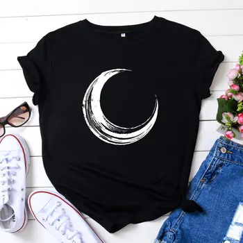 Plus Lieluma Sievietēm Vasarā Mēness Print T-krekls Brīvs O Kakla Topi Streetwear Estētisko Harajuku Kokvilnas t-veida Krekls, S-5XL