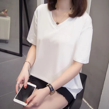 Plus Lieluma Spīd Sieviete Tshirts Vasaras Korejas Vogue V Kakla Sieviešu T-Krekli Ar Īsām Piedurknēm Topi Lielgabarīta T Krekls Nakts Debesis Dizains