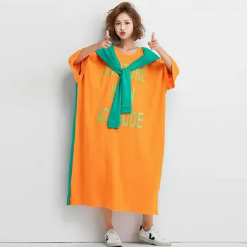 Plus Lieluma vasaras garumā T Krekls, Kleita sievietēm Viltus divas gabals, kas Izkaisītas korejas Vēstuli Izdrukāt T Kleita Kokvilnas Dāmas Kleitas